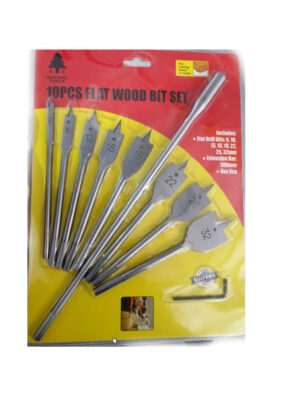 10-Piece Flat Wood Drill Bit Set – Versatile Tool for Drilling Large Holes | ලී වලට විශාල තුන්වරම් කිරීමට උපකරණය